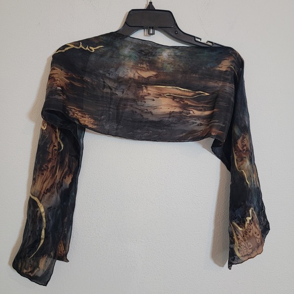 Dan Dee Silk Scarf Hand Painted 9x52 Abstract Swirl Gray Brown Blue Gold - Picture 11 of 11